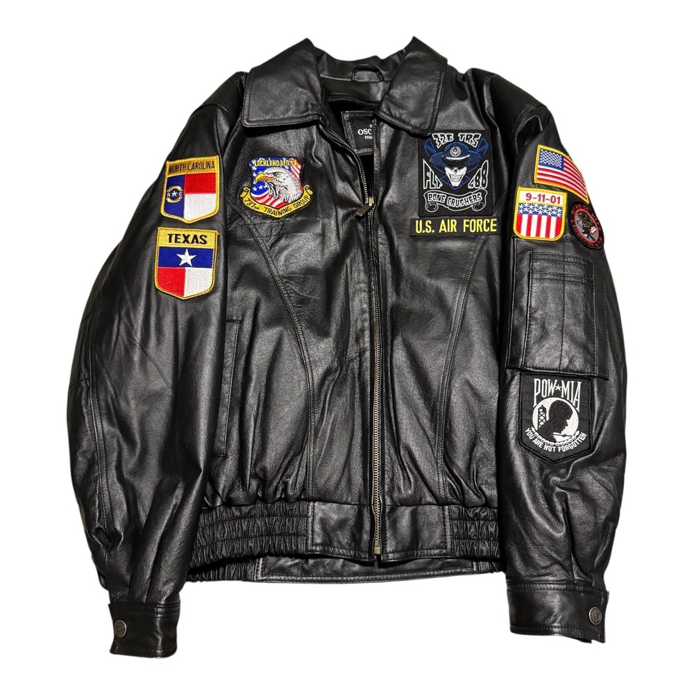 Oscar Piel US Air Force‎ Black Patches Leather Bomber Jacket Men's Large